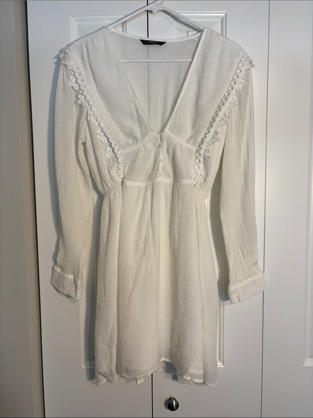 SHEIN White Long Sleeve V-Neck Lace Trim Mini Dress